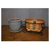 2 Planters, Ceramic And Basket With Steel Frame.