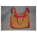 Hemp And Red Vinyl Shoulder Bag 14x12 Inches.