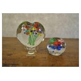 2 Paperweights- Millefiori Glass Heart  3.5 Inches