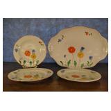 Three Floral Plates And Serving Plateer