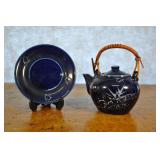 Childs Tea Pot Dark Blue And White Cane Handle