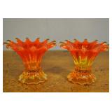 Amberina Splash Glass Candlestick Holders 3" High