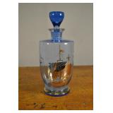 Blue Glass Decanter With Gold Accent Ship Scene