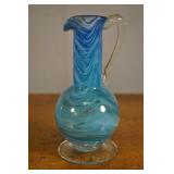 Blue And White Swirl Blown Glass Pitcher 6.5 Inch
