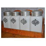 Vintage Milk Glass Kitchen Shaker Set & Wood Caddy