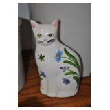 Ceramic White Cat With Painted Face, Flowers