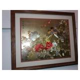 Framed Japanese Print Foil Etching, Birds & Floral