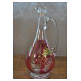 Glass Pitcher, Vintage, Hand Painted And Etched Glass Pitcher, Vintage, Hand Painted And Etched