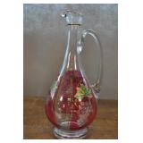 Glass Pitcher, Vintage, Hand Painted And Etched