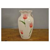 Vase, Ceramic, White With Pink Tulips,