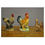 Chicken Figurines, 3 Pcs, Ceramic Hen & Rooster, Chicken Figurines, 3 Pcs, Ceramic Hen & Rooster,