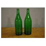 Green Glass Wine Bottles, Vintage, Pair, 11.5"