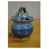 Blue Glazed Stoneware Honey Pot, Signed,