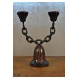 Folk Art Bell & Chain Candlestick Holder, Carved Folk Art Bell & Chain Candlestick Holder, Carved