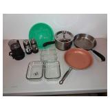 Kitchen Ware Assorted Pans, Strainer, Salt And