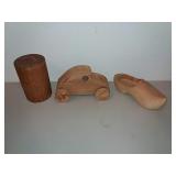 Carved Wooden Car, Shoe And Cylinder. Carved Wooden Car, Shoe And Cylinder.