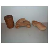 Carved Wooden Car, Shoe And Cylinder.