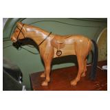 Carved Wooden Horse Natural Color, Leather Saddle