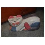 Carved Cat, Painted White, Black, Blue And Orange Carved Cat, Painted White, Black, Blue And Orange