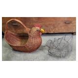 2 Chicken Baskets, Wicker And Wire. 13"