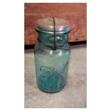 Ball Quart Jar, Ideal, Green Glass, Clear Lid,