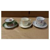 3 Cups And Saucers, Vintage, Painted, 3 Cups And Saucers, Vintage, Painted,