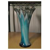 Blown Glass Vase, Blue And White Splash Blown Glass Vase, Blue And White Splash