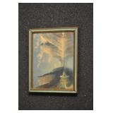 Miniature Framed Landscape Print, Vintage, 3.75"