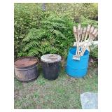 3 barrels and tiki torches.