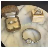 Two wedding band sets & 1940s watch