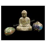 Bronze Buddha, 2 Cloisonne Articles