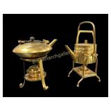 Two Brass Kettles on Stand