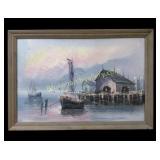 Vintage Maritime Harbor Painting, K. Thomas