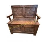 Carved Oak Jacobean Revival Monks Bench