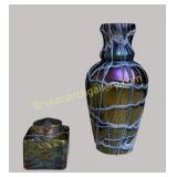 Iridescent Art Glass Vase and Inkwell