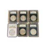 Lot of 6 Graded Silver Dollars: Morgan and Peace