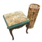 Carved Wooden Stool and Bamboo Basket