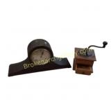 Wooden Mantel Clock and Coffee Grinder