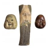 Carved Face Panel, 2 Noh Masks