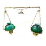 Pair Green Glass and Brass Hanging Lamps