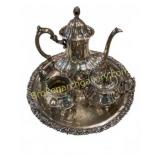 Silver-Plated Four-Piece Tea Set with Tray