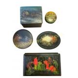 Collection of 5 Vintage Russian Lacquer Boxes