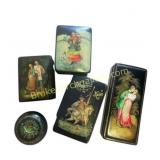 5 Vintage Russian Lacquer Trinket Boxes