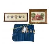 Framed Artwork and Silver-Toned Flatware Set