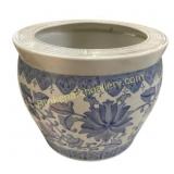 Blue and White Ceramic Planter with Floral Motif