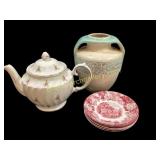 Teapot, Saucers, Pottery Vase