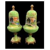 Pair Hand Painted Covered Urns