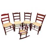 Four Ladder-Back Chairs and a Rocker