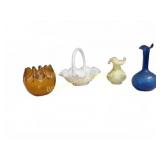 Four Art Glass Vases and Basket