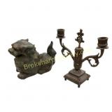 Bronze Fu Dog Box and Metal Candelabra Pair